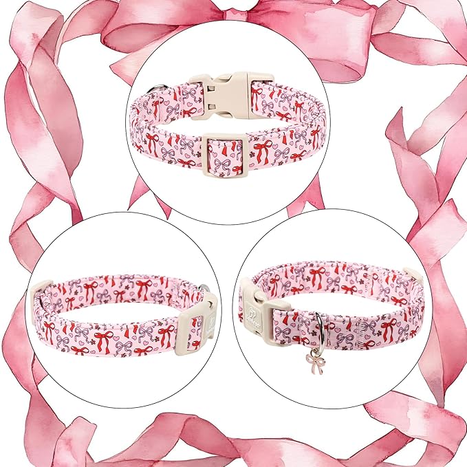 Girl Dog Collar for Large Dogs - Cute Heart Bow Print Girly Dog Collars, Soft Adjustable Spring/Summer Holiday Female Dogs Collar with Quick-Release Buckle XL