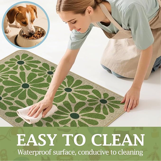 SHIYUE Dog Food Mats for Floors, Absorbent Cat Bowl for Food and Water, Non-Slip Accessories Pet Supplies(16"x24",Green Flower)