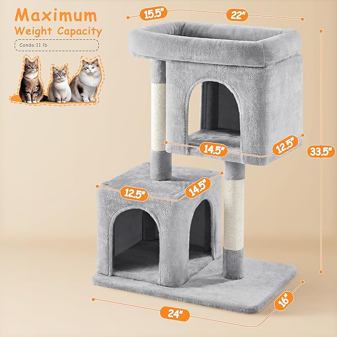 Yaheetech 33.5in Cat Tree Tower for Indoor Cats w/2 Cozy Plush Condos, Oversized Perch & Sisal Scratching Posts, Stable Cat Stand House for Large Cats & Pets, Light Gray