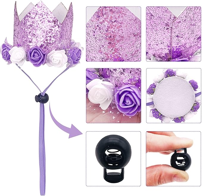 PET SHOW Purple Crown Dog Birthday Party Hat for Girls Reusable Party Supplies Cat Kitten Headband with 0-9 Figures Charms Costume Accessories with Glue