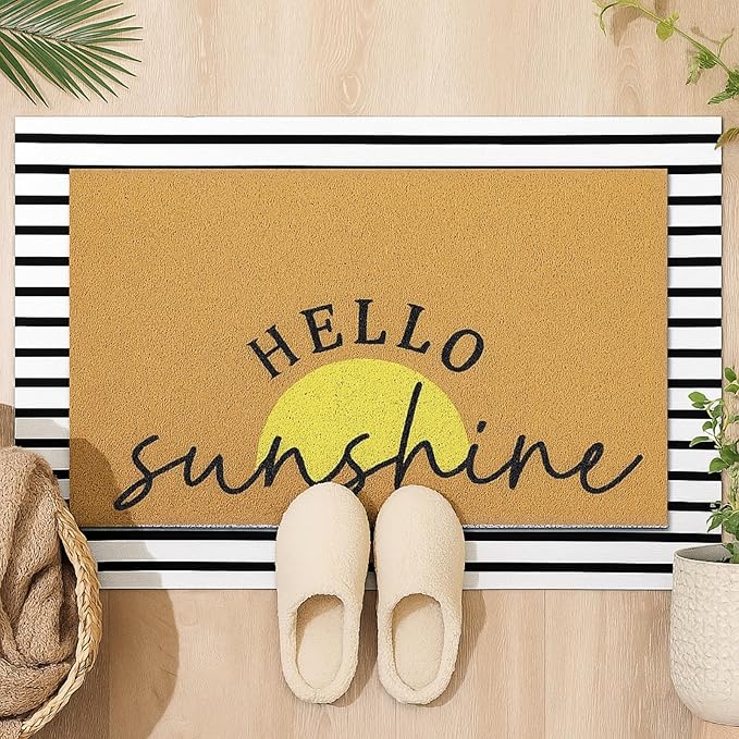 Tinideya 2 Pcs Summer Sunshine Door Mat Yellow Welcome Non Slip Coir Mats Stripe Floor Layering Doormats Seasonal for Front Porch Entryway Decor(Sunshine)