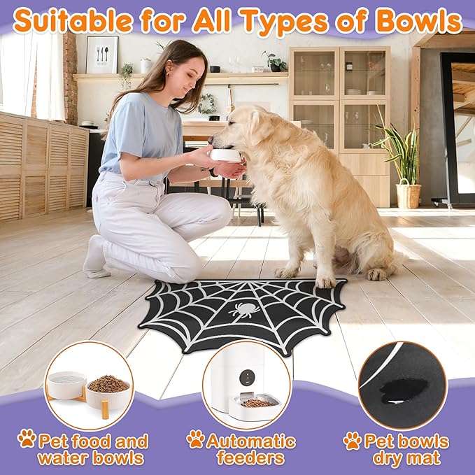 Pet Mats for Food and Water Dog Cat Food Mats Pet Feeding Mat Anti-Slip No Stains Quick Dry Floors Waterproof Placemat for Pet Food Water Bowl Mat Halloween Decorations - 23.6"x15.7" Spider Web