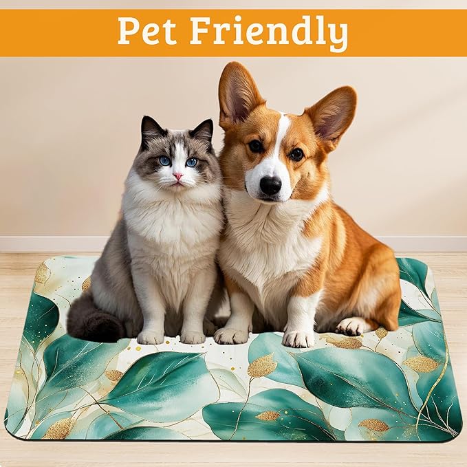 Green Plam Dog Cat Food Mat,Tropical Leaves Absorbent Waterproof Placemat for Food and Water Non Slip Rubber Backing Durable Feeding Pad for Clean Floors 12" x 20"