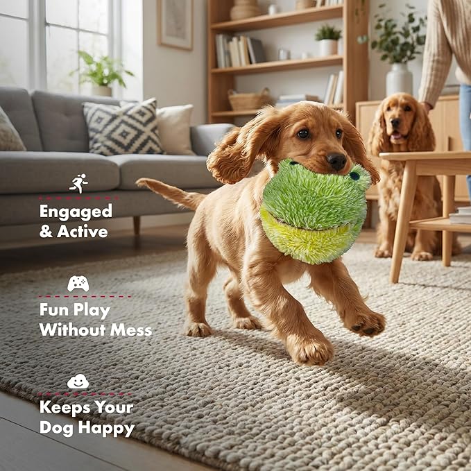 Pet Lou DOG'Z 4 Inch EZ Squeaky Frog Dog Plush Toy, Stuffing-Free Soft Plush Toy with Bouncy Squeaker Ball, Floats in Water, Ideal for Small and Medium Dogs