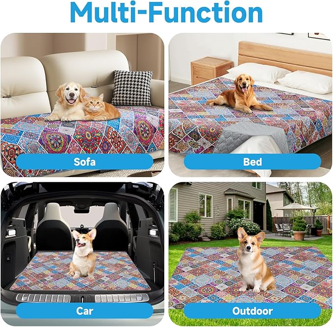 Waterproof Dog Blanket, Bohemian Dog Bed Cover Pet Blanket, Reversible Sofa Couch Cover for Dogs Washable, Protect Furniture Bed Couch Sofa for Puppy Cat (Colorful Medallion, 68×82 Inch)
