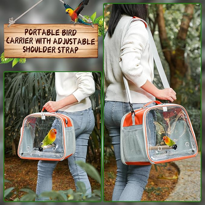 Suertree Small Bird Carrier, Large Window Travel Cage with Stand and Easy Clean Tray for Parrot Parakeet Cockatiels, Lightweight and Portable, Orange H