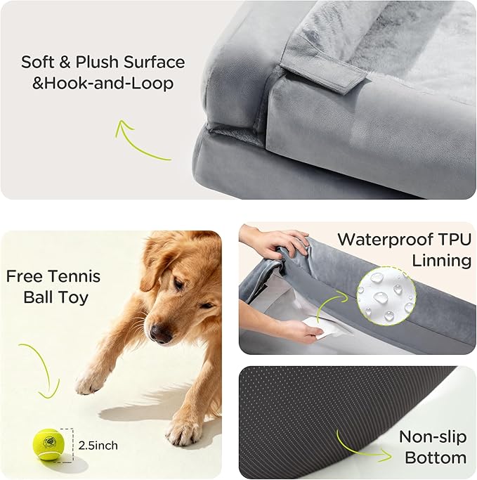 Extra Large Dog Bed, Orthopedic XL Washable Memory Foam Bed for Big Dogs Waterproof Pet Couch Sofa Bolster with Removable Cover, Non-Slip Bottom, Tennis Ball Toy, 42x30