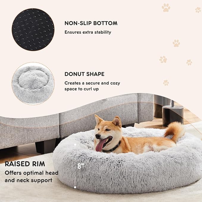 Sweetcrispy Donut Dog Bed, Large Round Calming Cat Bed with Washable Waterproof Cushion, Anti-Anxiety & Anti-Slip Fluffy Cuddle Cozy Faux Fur Plush for Pet Puppy Indoor Sleeping (30.7"x30.7", Gery)