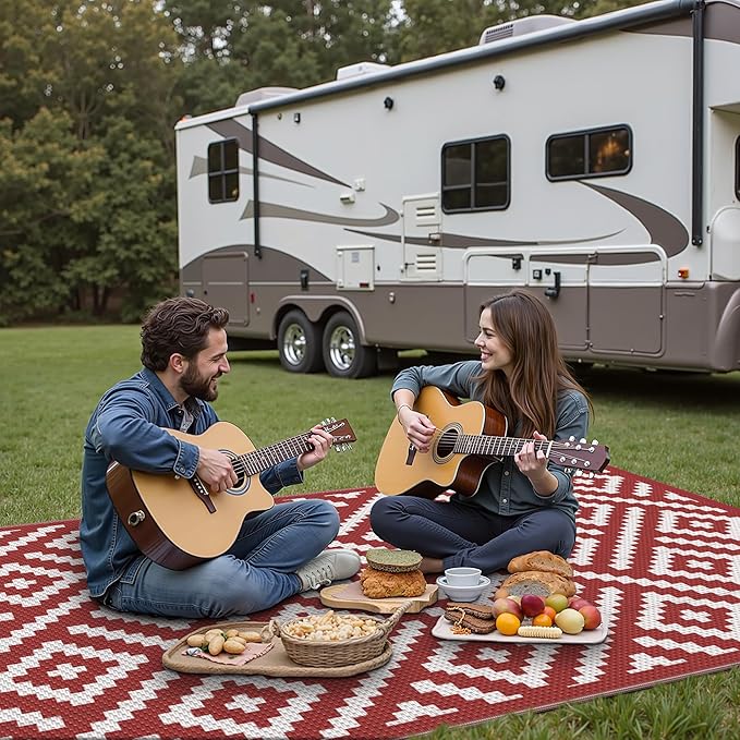 GENIMO Outdoor Rug for Patio Clearance, 6'x9' Reversible Plastic Straw Rugs, Lightweight Waterproof RV Camping Mat for Camper, Balcony, Deck, Backyard, Picnic, Red White