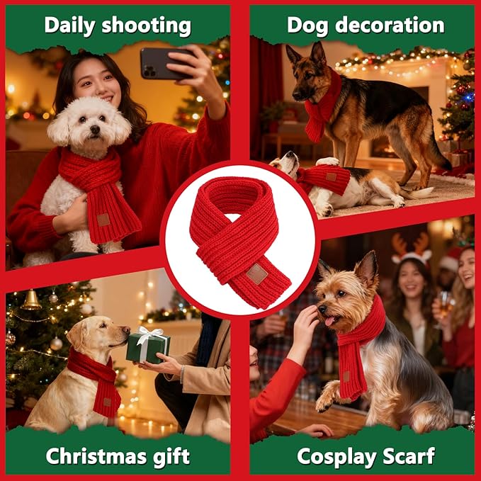BWOGUE 2-Piece Knitted Dog Christmas Scarf & Bandana with Red Design for Medium/Large Dogs - Winter Warm Holiday Pet Costume Accessory (Red)