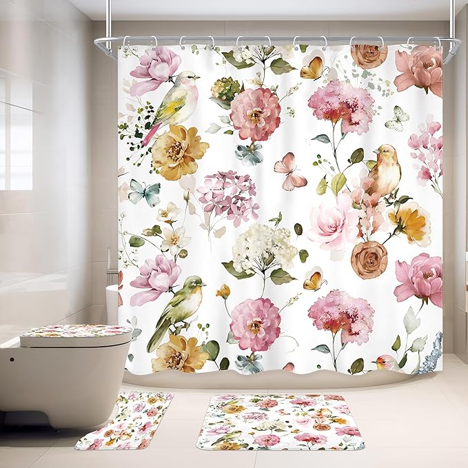 4 PCS Pink Floral Birds Bathroom Set with Shower Curtain and Rugs 72Wx72H Inch Classical Watercolor Non-Slip Bath Rug Toilet Lid Cover and U Shape Mat Accessories 12 Hooks Bathoom Decor