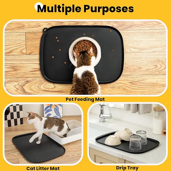 Silicone Dog Food Mat with Side Pocket & Hook Hole, Soft Raised Edges, Easy Clean Waterproof Non-Slip Pet Feeding Mat for Cats and Dogs Water Bowl, Pets Accessories(24"x16",Black)