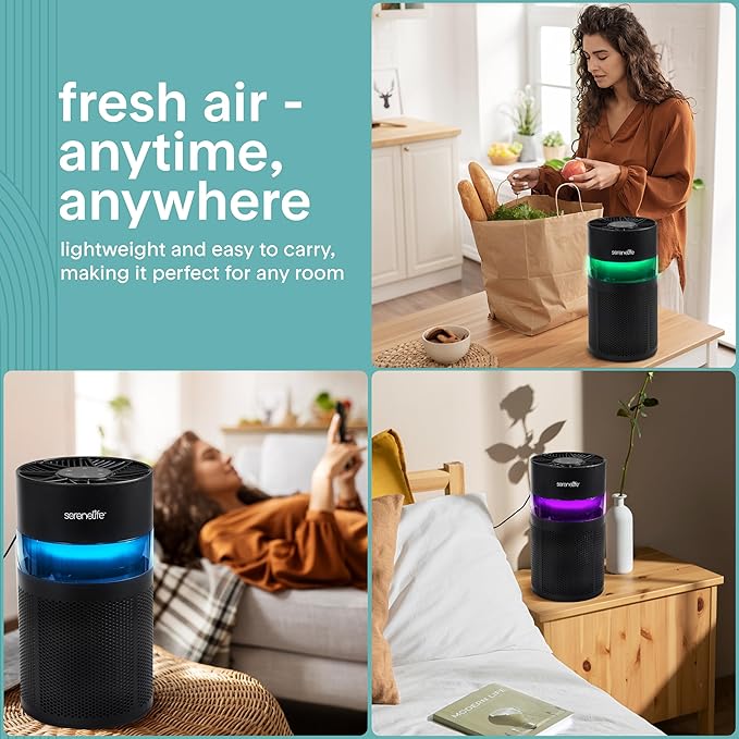 SereneLife Portable Air Purifier - Small Air Purifier with Aroma Box & Ambient Light, High Filtration Efficiency, 2-Speed, Timer & Sleep Mode, Filter Change Reminder, 6 x 6 x 12 in. (Black)