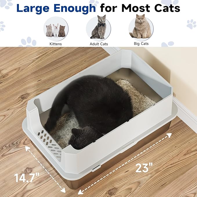 TENTIZON Stainless Steel Cat Litter Box with Lid, Large Covered Enclosed Kitty Litterbox with Hood, Flip Top, High Side, Litter Mat, Scoop for Big Cats, Kitten, No Odor, No Mess, Easy Clean