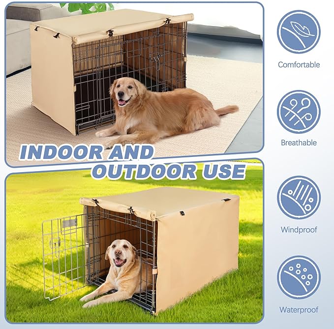 Dog Crate Cover - Double Door Waterproof Pet Kennel Cover, Durable 600D Polyester Protective Cage Cover for 24/30/36/42/48 Inch Dog Crate - Beige