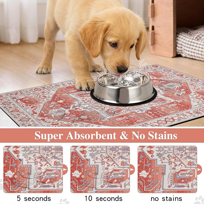 famibay Dog Food Mat, Absorbent Cat Dog Mats for Food and Water, No Stains Quick Dry Pet Cat Bowl Mats with Non Slip Backing, Boho Pet Feeding Mat for Floor Waterproof 12"x20"