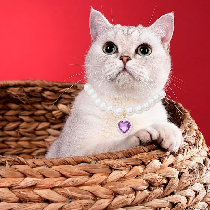 2pcs Cat Pearl Collar with Heart Pendant, Cute Pearl Pet Necklace in Small, Adjustable Wedding Party Small Dog Jewelry Accessories for Puppy Kitten- Pink & Purple