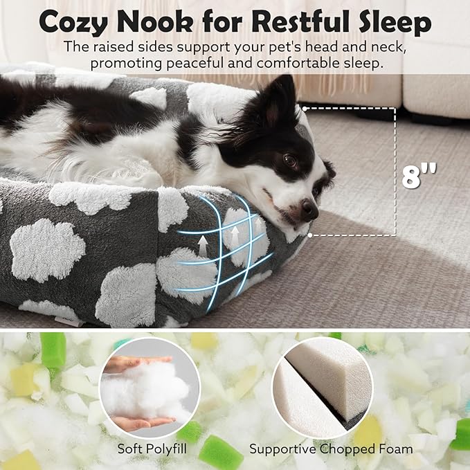 JOEJOY Cute Dog Bed Medium Size Dog, Rectangle Soft Furry Dog Beds for Large Medium Dogs, Washable Orthopedic Pet Bed with Removable Zipper Cover, Grey