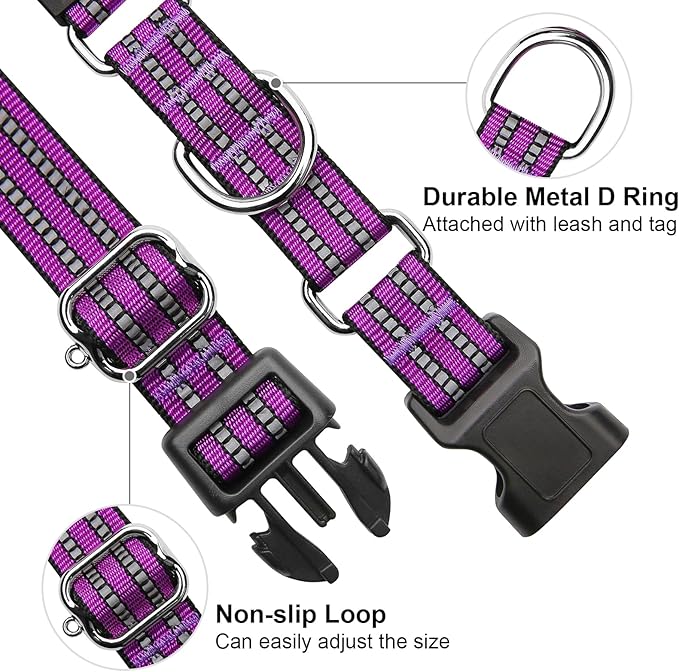 Martingale Dog Collar, Adjustable Nylon Reflective Collar with Quick Release Buckle (Real Purple, Large)