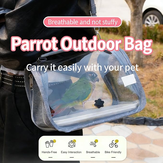 Portable Bird Travel Carrier with Breathable Mesh Windows Hands Free Parrot Backpack for Vet Visit Shopping Hiking, Clear View Small Pet Cage with Easy Clean Removable Tray and Perch