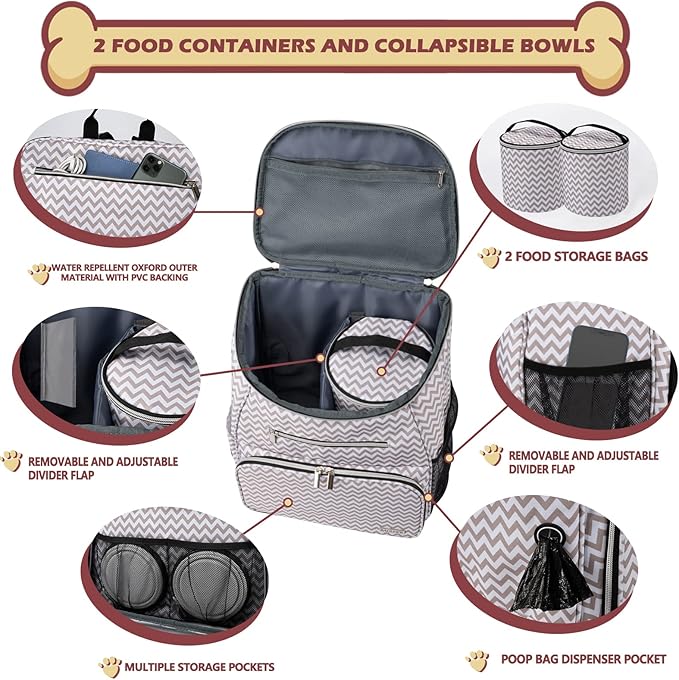 BAGLHER Dog Travel Bag Backpack, Airline Approved Pet Supplies Backpack, Dog Travel Bag with 2 Silicone Collapsible Bowls and 2 Food Baskets BLW
