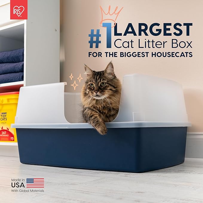 IRIS USA XX-Large Side Entry Cat Litter Box, Open Top Extra Large Litter Box for Big Cats and Multi-Cat Households, High Sided Scatter Shield, Easy to Clean, 30" L x 20" W x 14" H, Navy