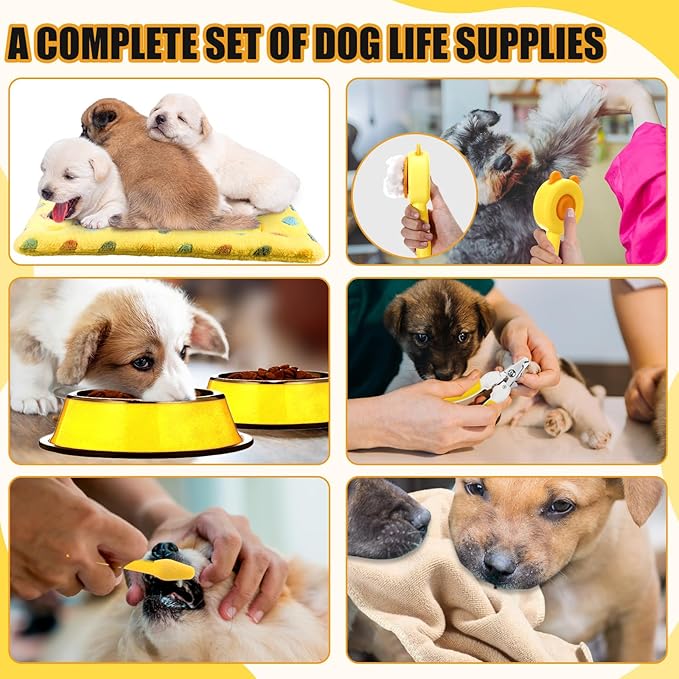 Abbylike 50 Pcs Puppy Supplies Starter Kit for Small Dogs Puppy Essentials Includes Leash, Bowls, Teeth Brushes, Water Bottle, and More Accessories for Dogs Pet Day Welcome Gift(Yellow)