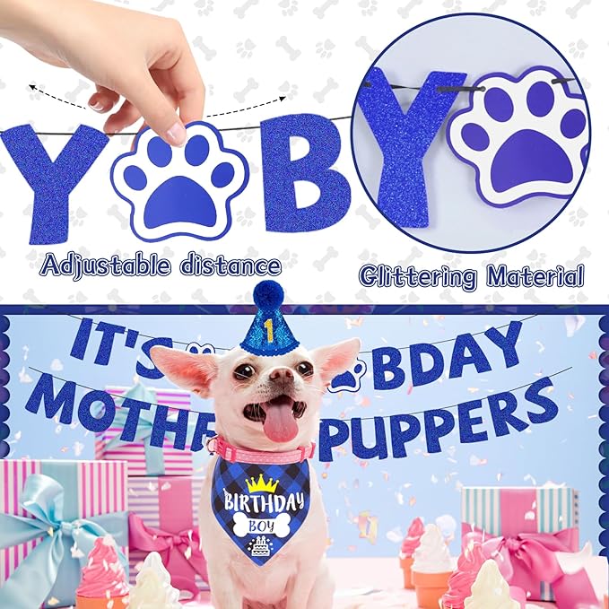 Blue Dog Birthday Party Supplies Pet Birthday Bandanas Boy Doggy Birthdays Hat Bow Tie Greeting Card Numbers It's My Bday Mother Puppers Sign Banner for Medium Large Pets