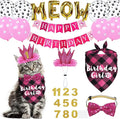 Cat Birthday Party Supplies, Cat Birthday Hat Crown with Number Bandana Bow Tie Banner Balloons Meow Balloons for Cats Kittens Decorations
