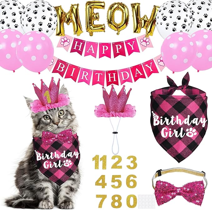 Cat Birthday Party Supplies, Cat Birthday Hat Crown with Number Bandana Bow Tie Banner Balloons Meow Balloons for Cats Kittens Decorations