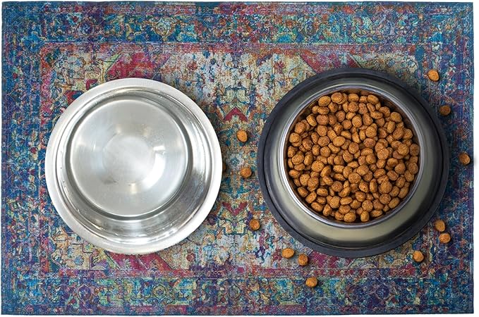 LOVEWAG Waterproof 2-Pack Pet Feeding Mats - 16" x 24" Premium Cat & Dog Food Mat - Non-Slip, Machine Washable Food Mat Protects Floors & Contains Water Bowl Spills - Pet Place Mats (Bohemian Jewel)