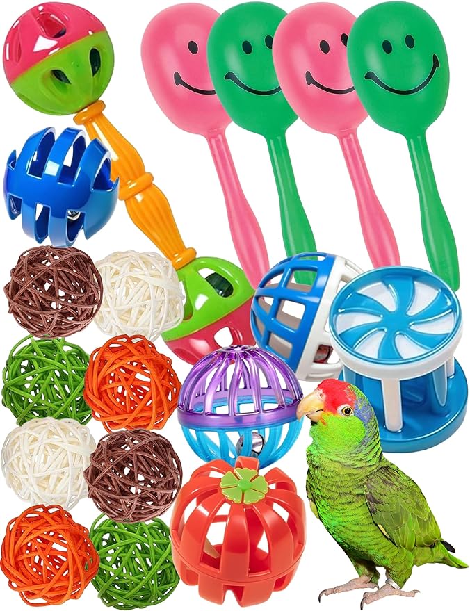 18-Pack Bird Toys Set for Parrots & Small Birds – Colorful Plastic & Rattan Balls with Bells (1.5'' - 5.5'')