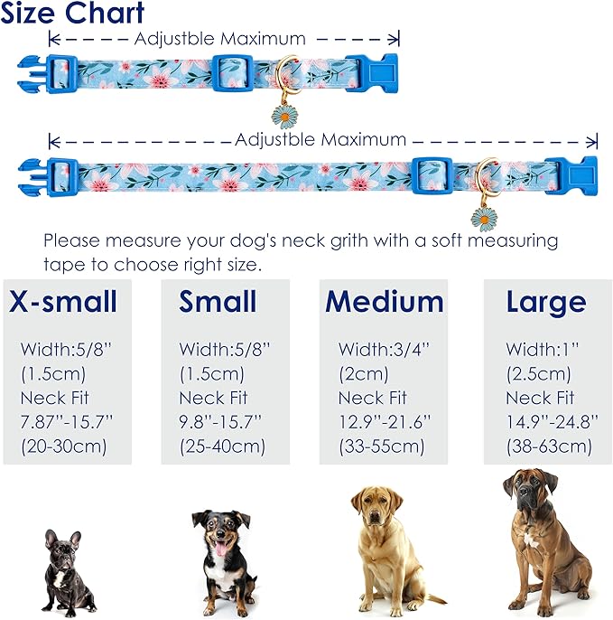 Cotton Dog Collar Blue Flower Pattern for Boys and Girls Cute Dog Collars Summer Fall Gift Adjustable for Small to Medium Breed Dogs (XS)