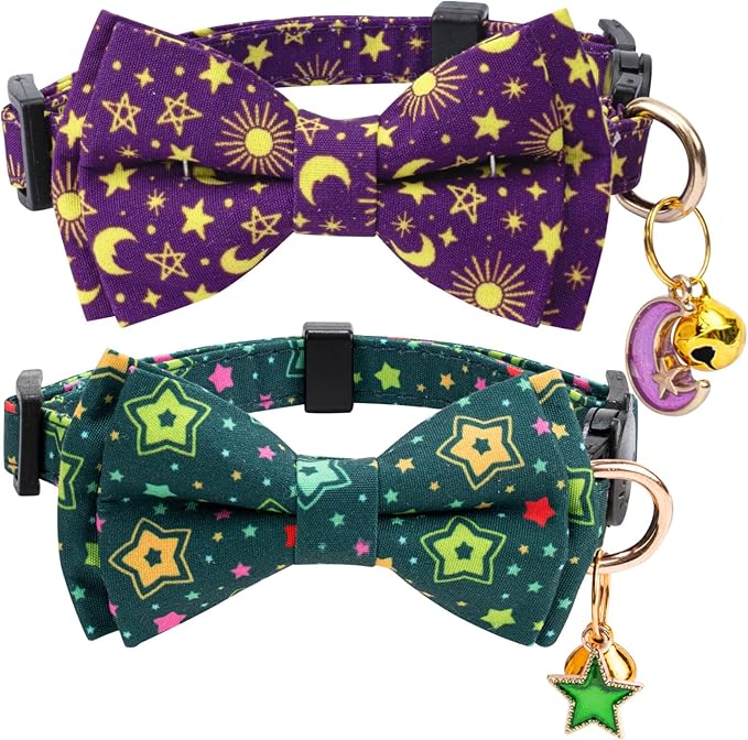 2 Pack Cotton Cat Collar with Bow Tie and Bell for Girl Boy Cats,Cute Pink Flamingo and Blue Whale Pattern Spring Summer Breakaway Cat Collar for Male Female Cats (Star&Moon)