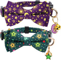 2 Pack Cotton Cat Collar with Bow Tie and Bell for Girl Boy Cats,Cute Pink Flamingo and Blue Whale Pattern Spring Summer Breakaway Cat Collar for Male Female Cats (Star&Moon)
