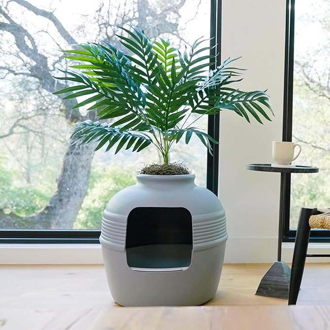 Good Pet Stuff Hidden Litter Box Planter, Decorative Cat Litter Enclosure with Carbon Filter, Artificial Plant, Easy Clean, Indoor Design, Original Round Style, Essentials Kit, Stone Gray
