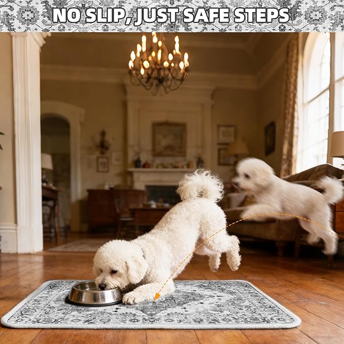 PUPTECK Dog Food Mat, Absorbent Pet Feeding Bowl Mat, Non-Slip Dog Mat for Food and Water, Quick Dry No Stains Cat Placemats Pet Supplies for Messy Drinkers, Grey 12"x20"