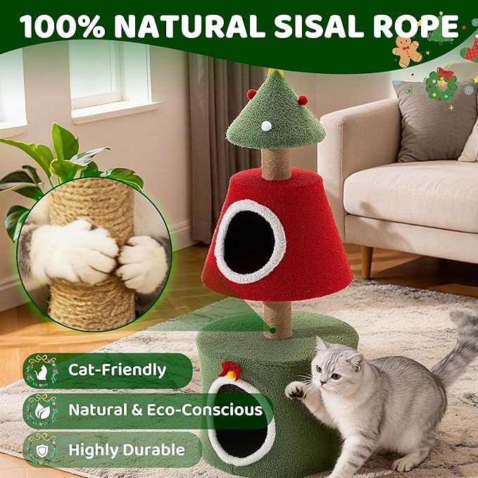 COSIEST 40in Tall Christmas Cat Tree Tower for Cats, Multi-Level Cat Tree House with Sisal Scratching Posts, Unique Kitty Condo & Kittens Play Activity Center for Christmas Decor, Red & Green