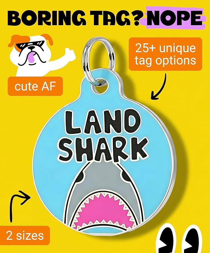 Bad Tags Personalized Dog and Cat ID Tags in 25+ Designs and 2 Sizes - 5 Lines of Custom Engraved Text - Funny Cute Personalized Pet Tags (Land Shark, Large (1.25 inch))