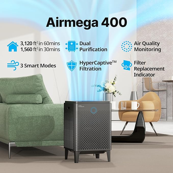 COWAY Air Purifier for Home Large Room Up to 3,120ft², Washable Pre-Filter and HEPA Filter for Smoke, Allergies, Pet Dander, Odor, AQI, Auto & Sleep Mode, Timer, 5yr Warranty, Airmega 400(G)