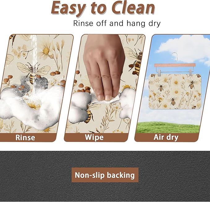 Bees Boho Daisy Floral Dog Food Mat for Floors,Absorbent Pet Food and Water Bowl Mats,Non-Slip Pet Feeding Mat,Pet Supplies 16" x 24"