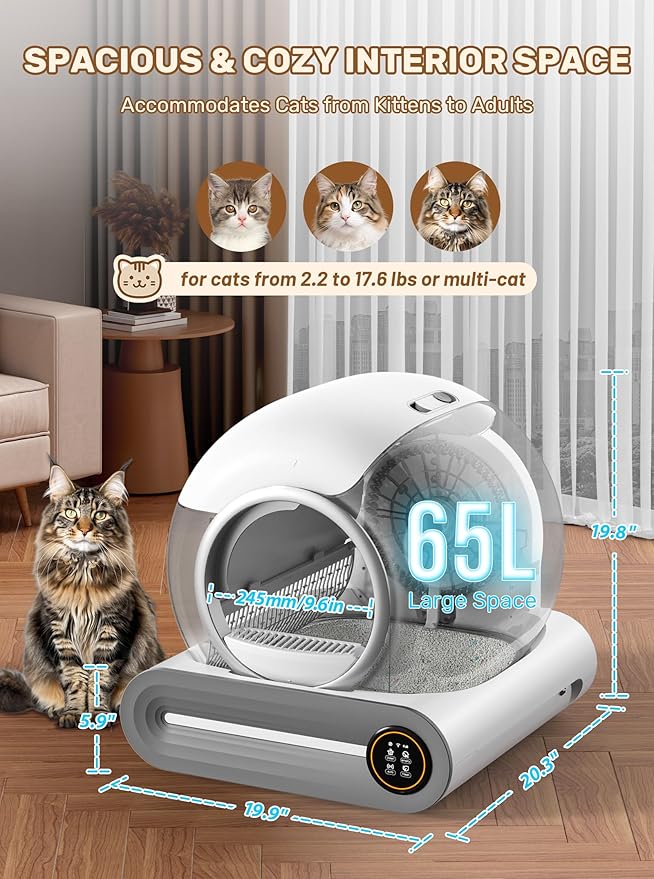 Automatic Litter Box, (2026) Multi-Function Upgrade Robot Self Cleaning Litter Box for Multiple Cats, 65L+9L Extra Large, APP Control, Deodorization, 3 Rolls Litter Bag Liners, 1 Odor Eliminator
