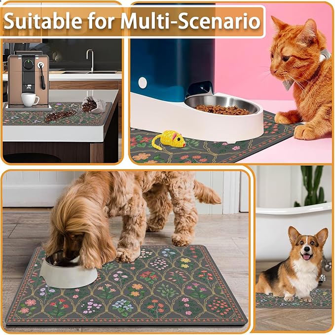 Absorbent Pet Dog Bowl Mat for Food and Water, Pet Cat Food Feeding Mat with Non Slip Rubber Backing, Dog Food Mats for Floors Waterproof, 12"x20"