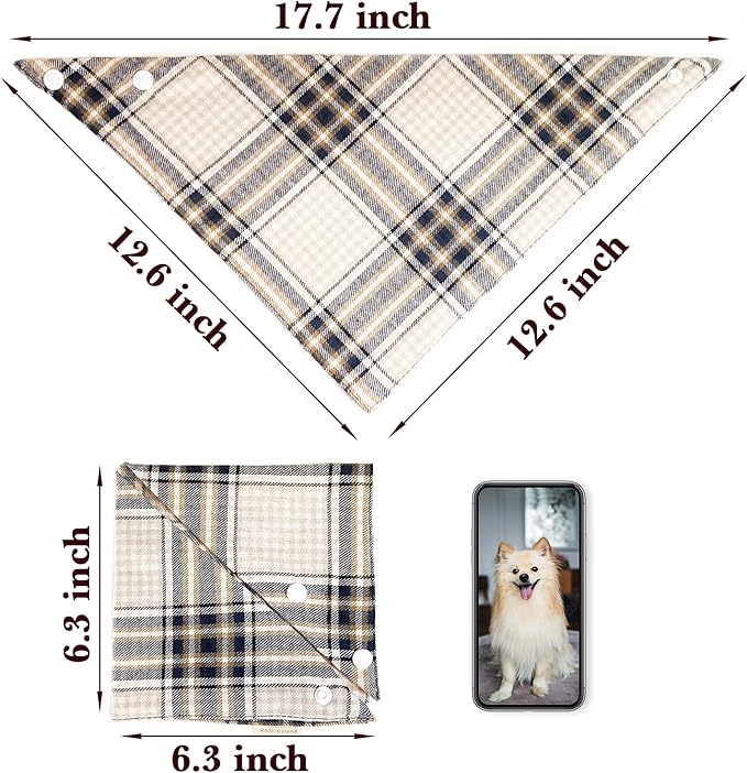 5PCS Dog Bandanas with Button - Thick Triangle Bibs Dual Layer Soft Cotton Scarves for Small Medium Boy Girl Puppy Cat Pet Baby Square Plaid Printing Washable Kerchief Halloween Costumes Outfits