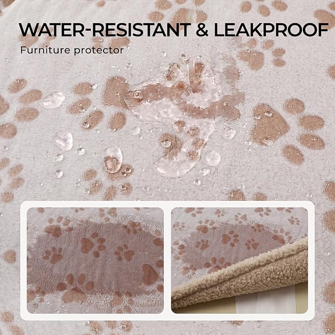 Luciphia Waterproof Pet Blankets Whith Paw Print for Couch Sofa Bed Cover, Liquid Pee Proof Soft Fluffy Dog Blanket Washable, Reversible Furniture Protection Puppy Cat, Khaki, Small（40" x 28"）