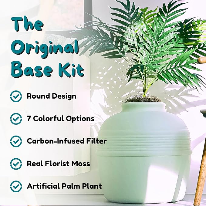 Good Pet Stuff Hidden Litter Box Planter, Decorative Cat Litter Enclosure with Carbon Filter, Artificial Plant, Easy Clean, Indoor Design, Original Round Style, Base Kit, Seagrass Green