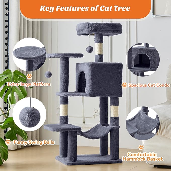 Cat Tree Tower 44 Inch, Small Cat Tower with Condo, Hammock, Sisal Scratching Posts, Extended Perch, Pet Play House for Indoor Kittens and Cats, Grey