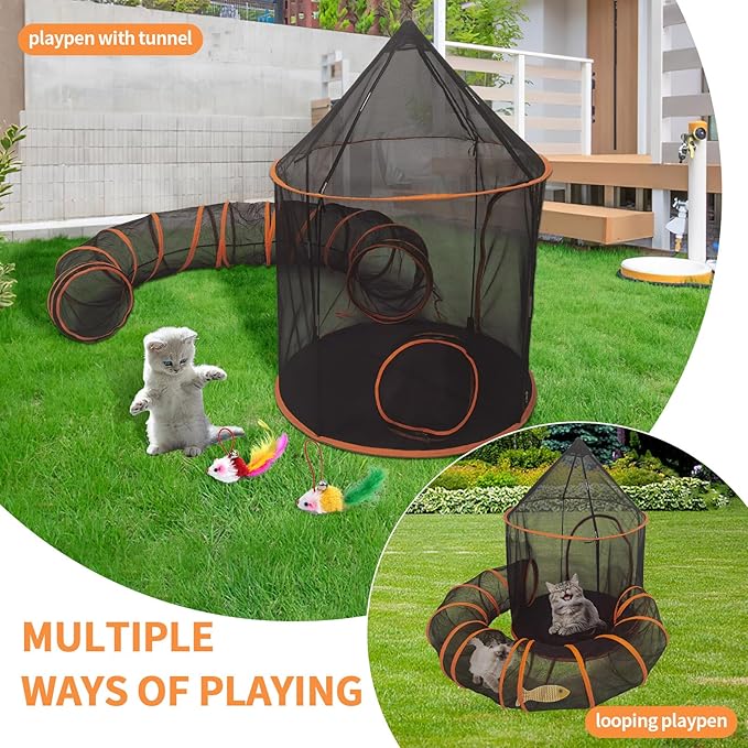 Outdoor Cat Enclosure with Tunnel - Large Portable Pet Playpen Tent for Indoor/Outdoor, Catio Playhouse for Cats, Kittens, Rabbits & Small Animals