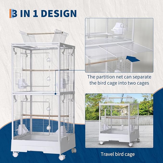 GarveeHome Small Bird Cage with Wheels, Parakeet Cage, Bird Carrier for Parakeets, Canaries, Lovebirds, Small Quaker, Cockatiels, Budgie, Green Cheek (44in)