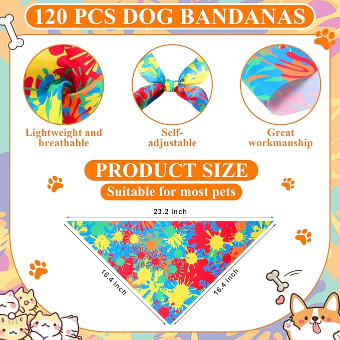 Sanwuta 120 Pcs Rainbow Tie Dye Dog Bandanas for Dogs Bulk Summer Triangle Dog Bandana for Grooming Washable Pet Scarves Adjustable Bibs Small and Medium Pets, 30 Styles